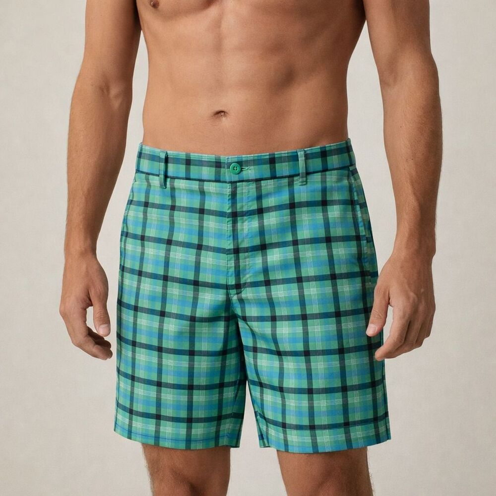 Nike Golf Dri-Fit Plaid Shorts Mens Size 34 Green Blue Performance Chino Golf